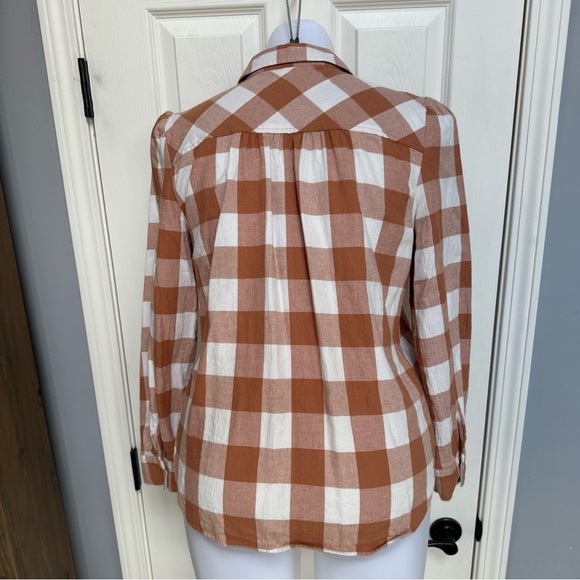 LOFT Plaid Flannel Scoop Hem Peter Pan Collar Puff Shoulder Button down Shirt L - Picture 6 of 9